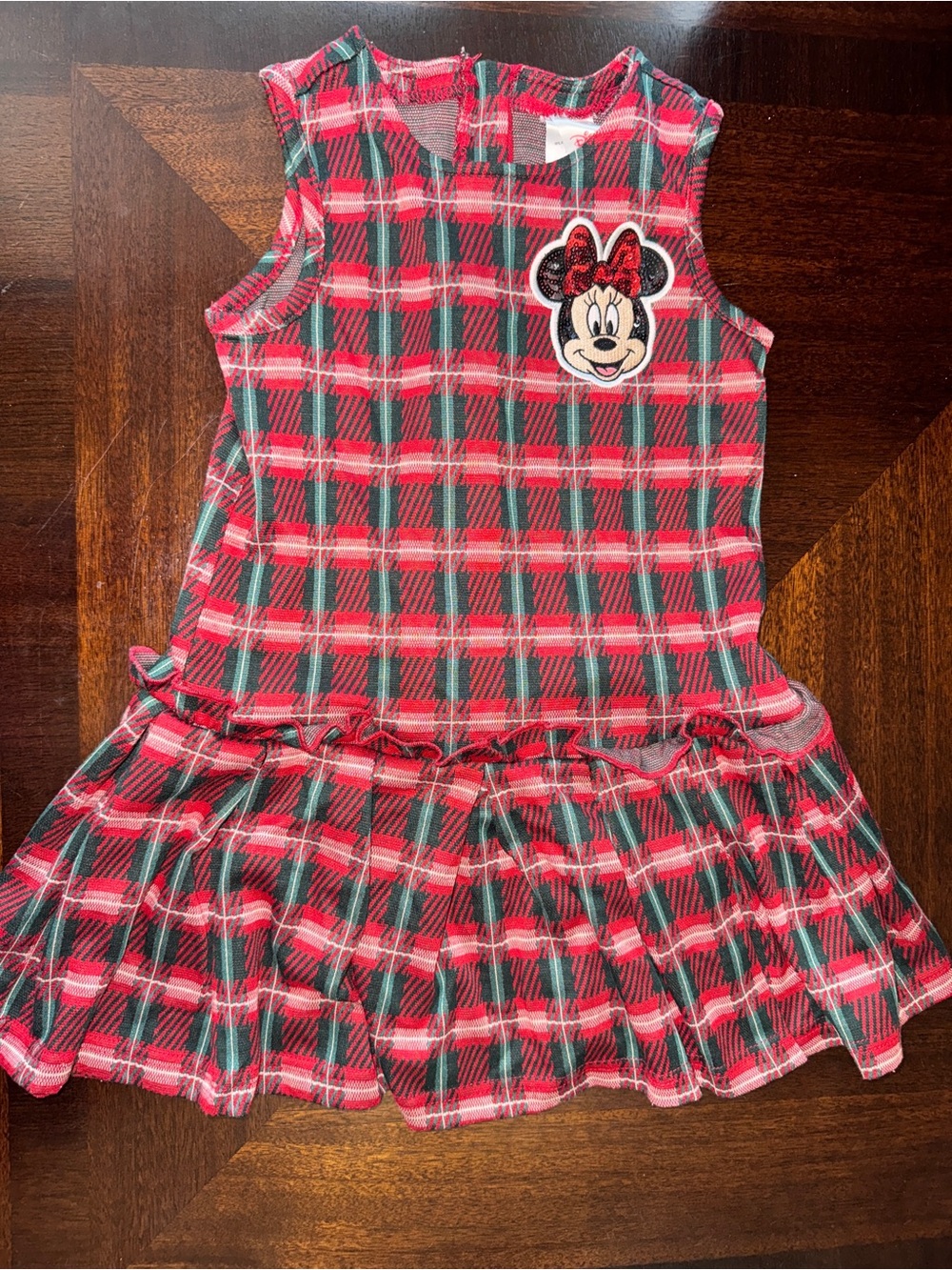 Disney Red Green Plaid Minnie Mouse Sequin Patch Kids Dress Top